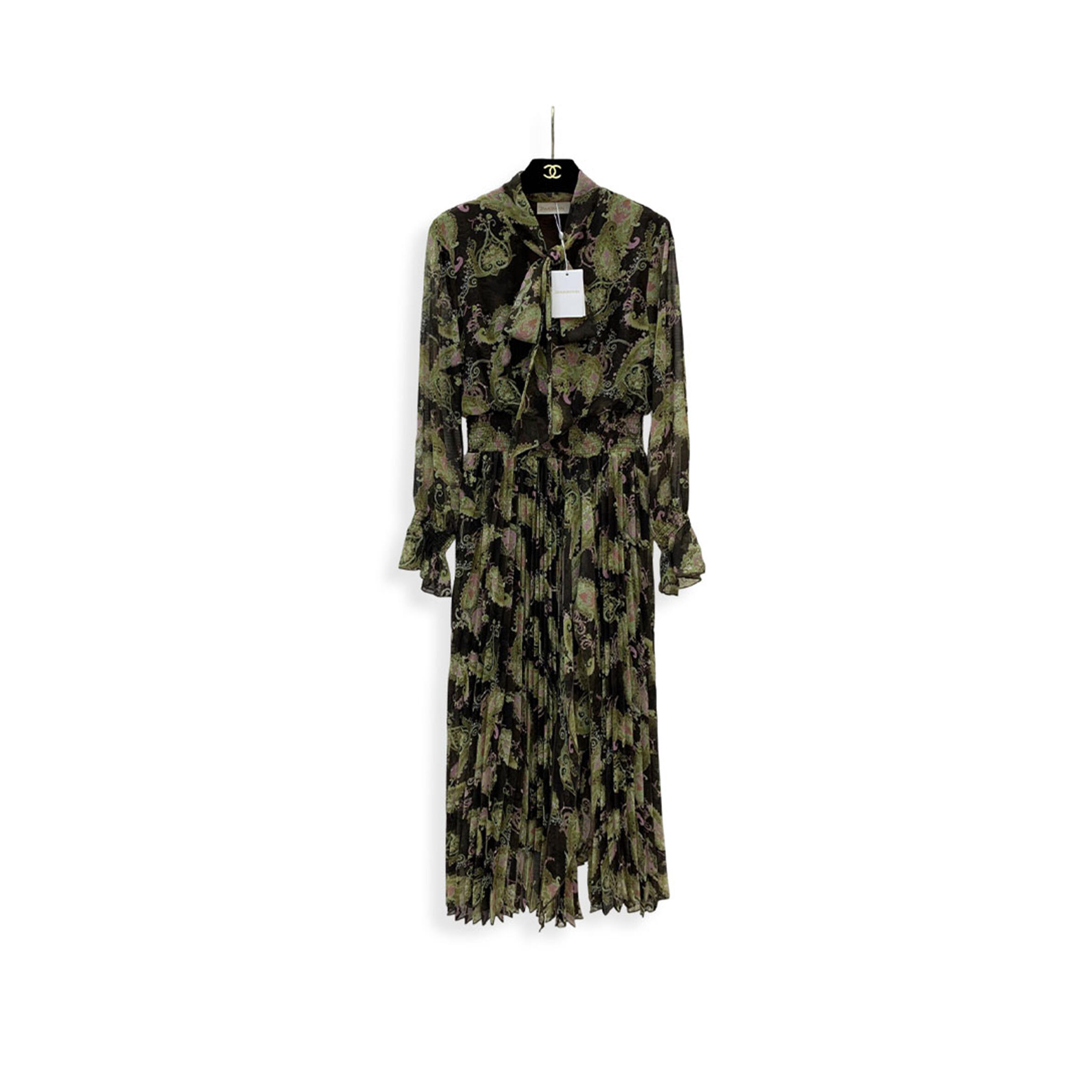 ZIMMERMANN FLORAL PRINT TIE NECK MIDI DRESS IN GREEN 